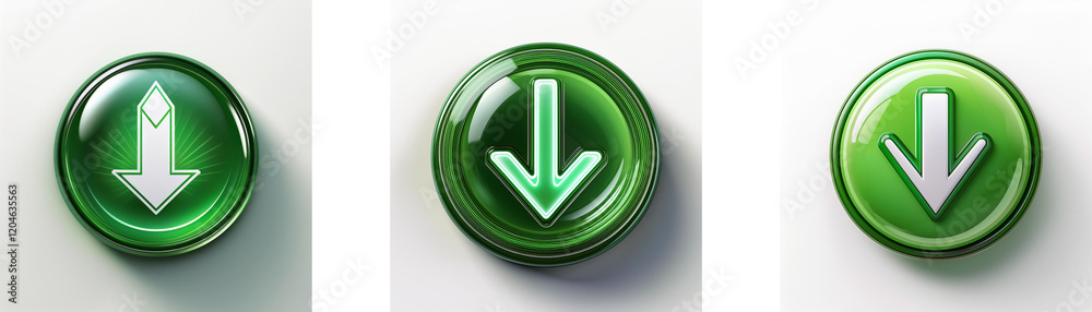 Aufkleber Three glossy green circular buttons feature a downward-pointing arrow.  Variations in arrow style and button shading are present.