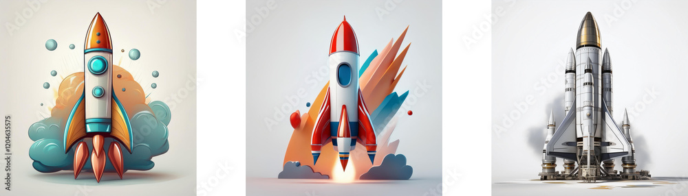 Aufkleber three stylized rockets, each with unique design and launch setting, representing progress and innova