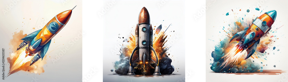 Poster three rockets launch, showcasing vibrant colors and dynamic watercolor-style explosions. one ascends