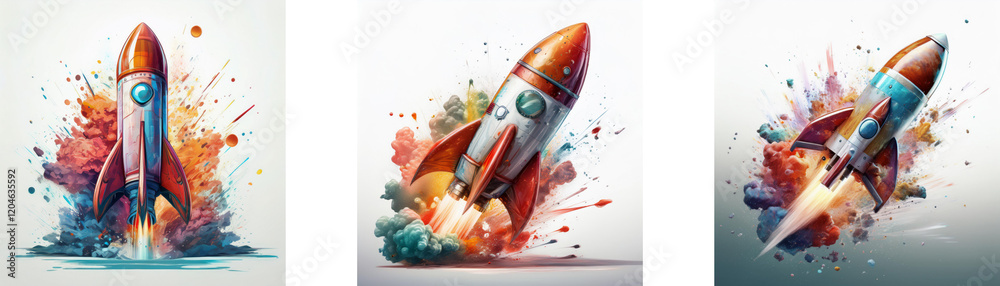 Poster three rockets launch amidst vibrant, colorful explosions. a dynamic representation of innovation and