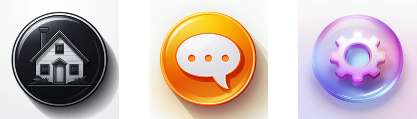 Fototapeta premium Three glossy circular icons: a house, a speech bubble, and a gear. Simple, modern design for app interface.