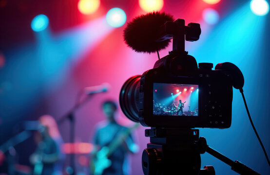 Pro video camera records live music performance under vibrant stage lights. Camera on tripod captures band playing on stage. Bright colorful lights highlight musicians. Live music event filmed for