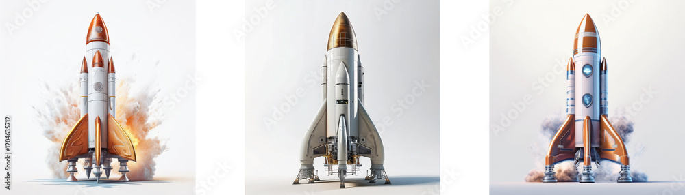 Poster three rockets, in various stages of launch, against a white backdrop. one is mid-flight, another poi