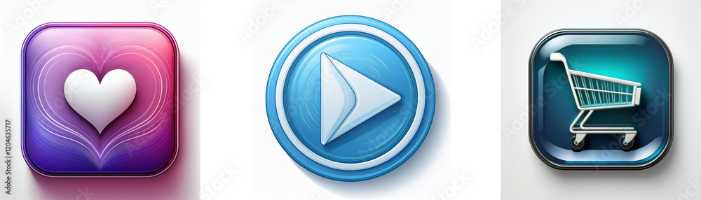 Poster three glossy app icons: a heart, a play button, and a shopping cart. each button is vibrant and digi