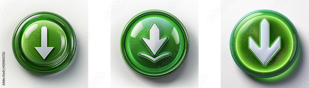 Leinwandbilder three glossy green circular buttons feature a white downward-pointing arrow. each button has subtle 