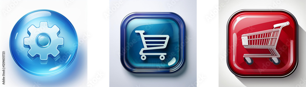 Poster three glossy buttons depict settings, shopping cart, and online shopping. perfect for app interfaces