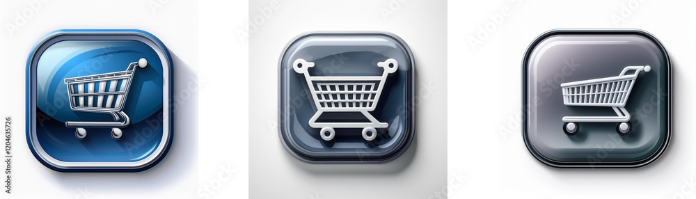 Fototapete Three glossy buttons display a shopping cart icon, varying in color and style.  The buttons represent online shopping, e-commerce, and digital retail.