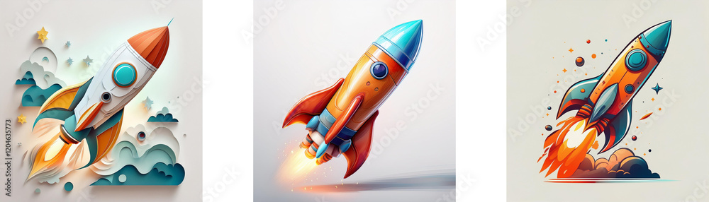 Aufkleber three vibrant rockets ascend, showcasing dynamic flight and colorful designs. each rocket boasts uni
