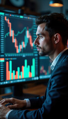 Businessman focuses on financial data. Deep in analysis of stock market investments. Manages risk, investment strategy. Reviews performance charts on multiple monitors. Professional investor. Looks