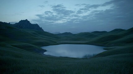 Fototapeta premium Serene Twilight Landscape, Rolling Hills and Calm Lake