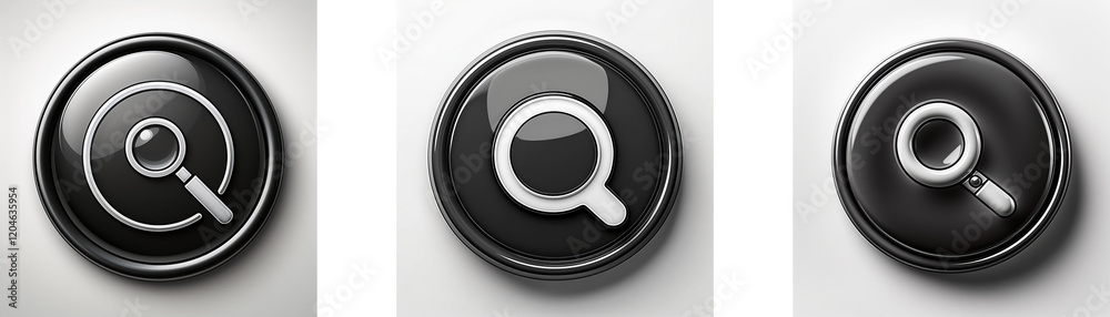 Aufkleber Three glossy black circular buttons feature a magnifying glass icon in varying styles.  The design is minimalist and modern.