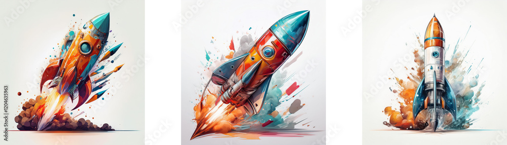 Poster triptych of rockets launching, vibrant colors, dynamic paint splashes. a powerful image symbolizing 