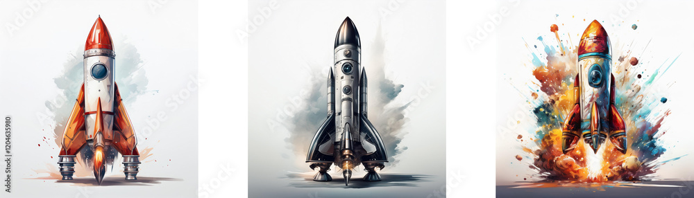 Poster Three rockets, different styles, ready for launch.  One is mid-flight, creating a colorful explosion.