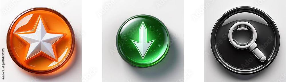 Fototapete Three glossy circular buttons feature a star, a downward arrow, and a magnifying glass.  Each button displays a distinct symbol, offering a visual representation of different functions or actions.