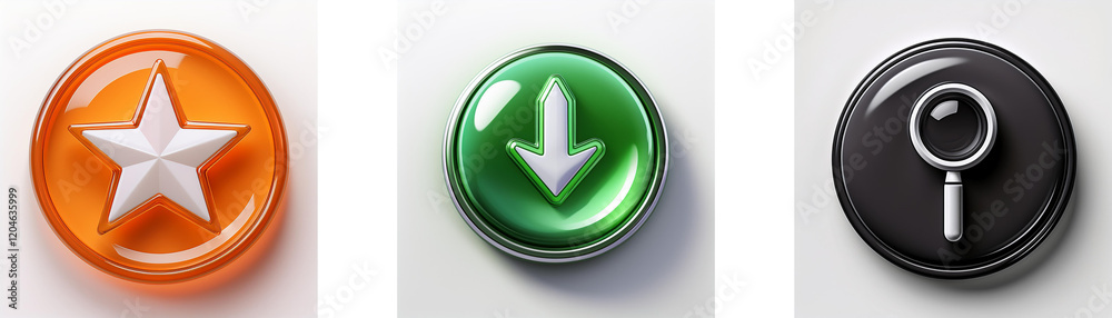 Poster three glossy circular buttons feature a star, a download arrow, and a magnifying glass. each button 