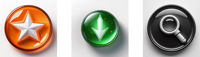 Obraz premium Three glossy circular buttons feature a star, a downward arrow, and a magnifying glass. Each button displays a distinct symbol, offering a visual representation of different functions or actions.