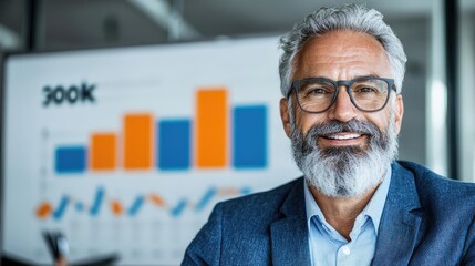 Fototapeta premium Confident businessman smiling, office meeting, growth chart background, business presentation