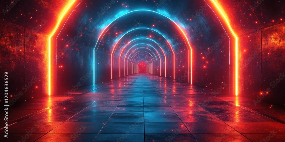 Poster futuristic corridor with geometric shapes and neon lights in cyberpunk style