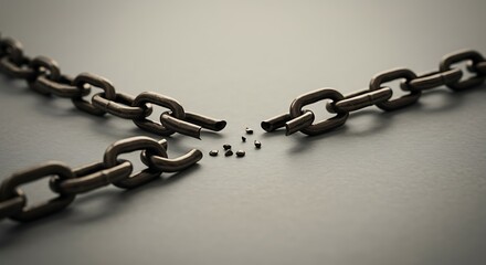 Obraz premium Broken rusty metal chain with scattered links on a gray surface, concept for separation, disconnection and freedom