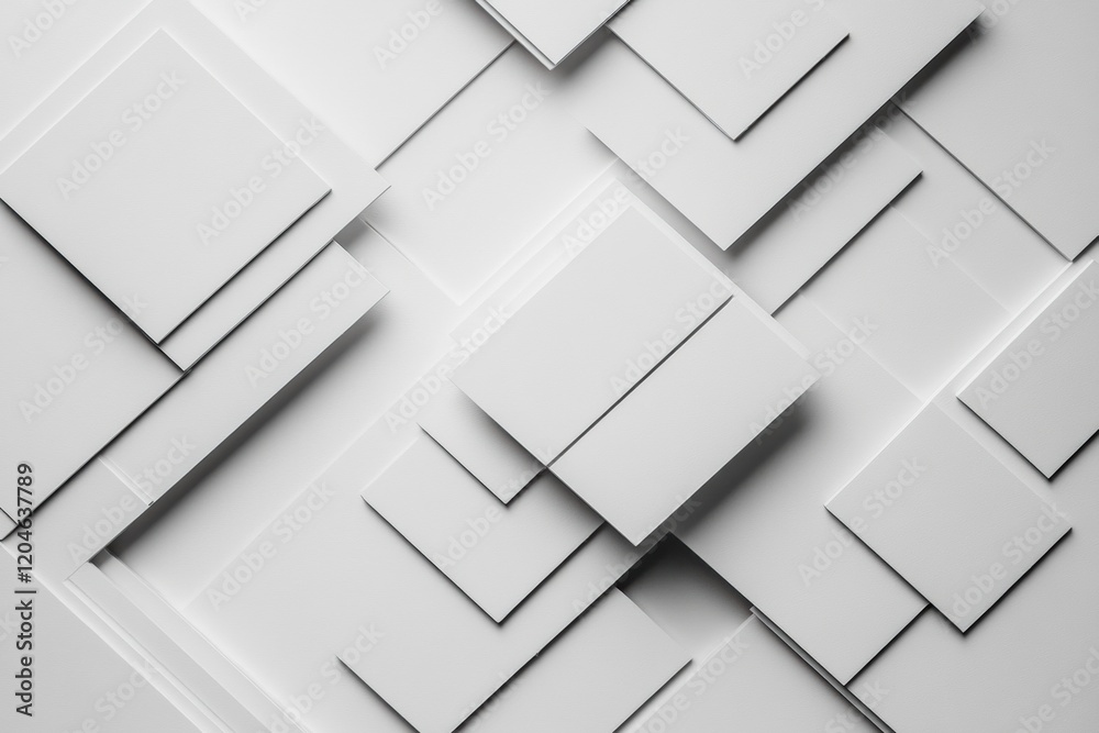 Poster Geometric arrangement of overlapping white squares on a textured background in a modern design setting. Generative AI