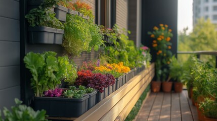 Fototapeta premium Urban balcony garden thriving with fresh vegetables and vibrant flowers
