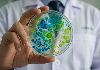 Medical professional or researcher handling a petri dish with microbiological culture, emphasizing scientific discovery and analysis.