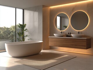 Minimalist luxury bathroom with marble walls freestanding bathtub wooden vanity and natural light