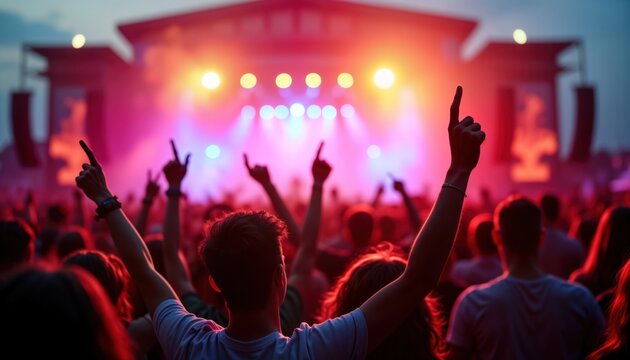 Crowd enjoys music festival concert at night. People raise hands in excitement. Vibrant stage lights illuminate the scene. Summer night atmosphere. Festival energy fills the air. People look happy.