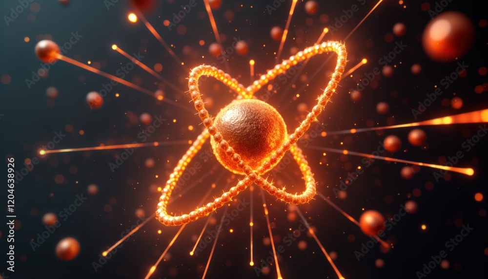 Poster Animated atom model shows nucleus with orbiting electrons. Energy particles, glowing lines radiate outward. Scientific illustration for educational technical use. Advanced tech visualization of