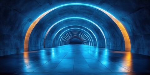 Futuristic Underground Corridor Concrete Warehouse Neon Lights Cool Blue Atmosphere Industrial Space Design