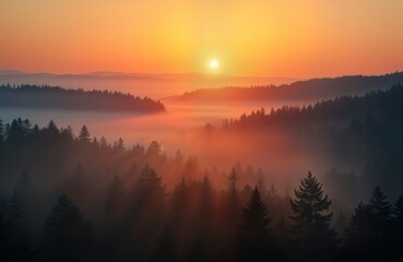 Obraz premium Misty sunrise over dense forest. Sunrise paints fog with warm colors. Trees stand out in silhouette against rising sun. Tranquil scene of nature. Perfect for nature lovers and eco tourism marketing.