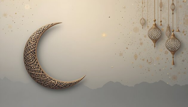 Ramadan banner with an abstract crescent moon and geometric patterns on a grey gradient background. Perfect for ads, greeting cards, or digital templates with ample copy space.