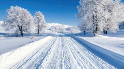 Fototapeta premium Snowy road through winter landscape, mountains in background; winter travel, scenic postcard