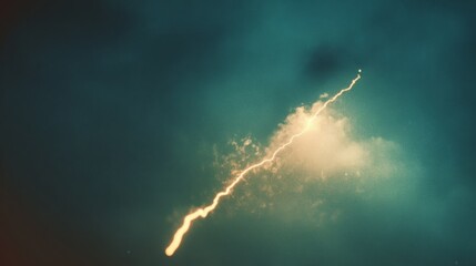 A vibrant lightning bolt pierces through a dramatic, cloudy night sky, casting a powerful glow into the darkness.