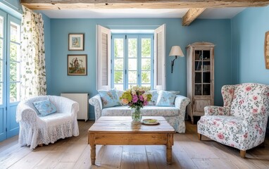 A Provencal living room with pastel blue walls, floral patterned furniture, reclaimed wood tables, and lace curtains for a cozy, vintage charm