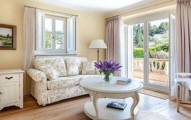 A Provencal living room with pastel butter yellow walls, a beige floral sofa, whitewashed wooden furniture, and soft pastel lavender curtains