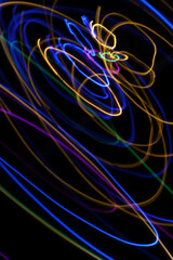 Light painting. Neon glow. Symmetry and reflection. Festive decoration. Abstract blurred background. Shining pattern.