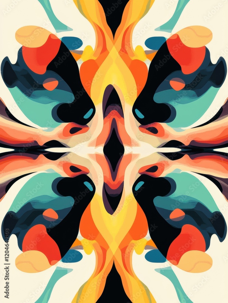 Poster Colorful abstract design with flowing shapes and vibrant hues presented in symmetrical pattern. Generative AI