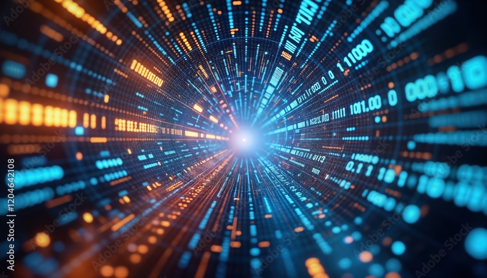 Fototapete Futuristic tech tunnel filled with flowing binary code. Quantum data transmission occurs through encrypted digital space. Secure data transfer concept. Advanced technology innovation. Fast data flow