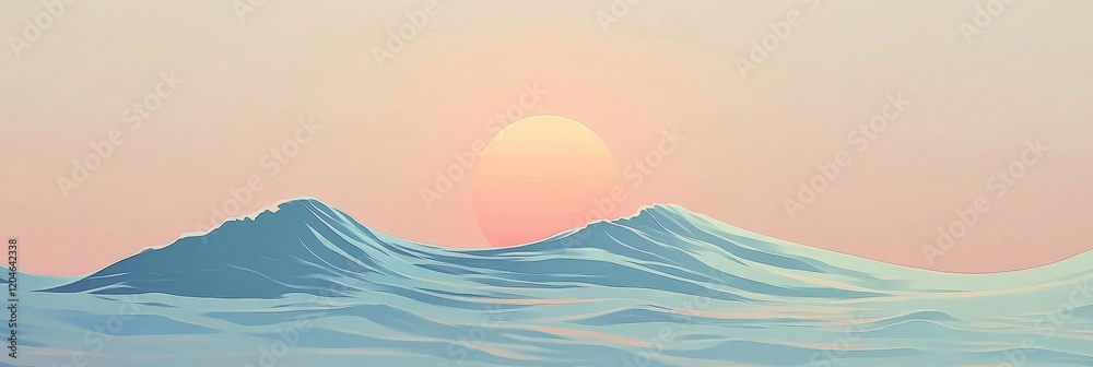 Poster waves rolling gently towards the shore as the sun sets on the horizon creating a serene twilight atm