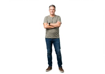 Full-body portrait of a confident middle-aged man in a green t-shirt and jeans, standing with arms crossed against a plain white background