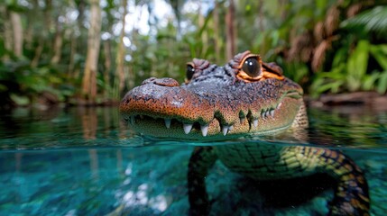 Fototapeta premium Small caiman swimming in the clear turquoise water of a tropical jungle river.