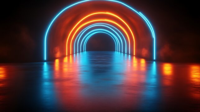 Neon arches illuminate a reflective surface creating a vibrant tunnel