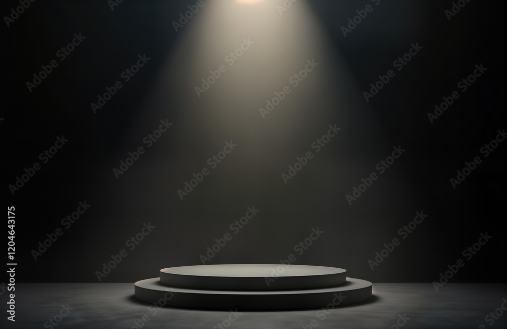 Poster empty gray platform under bright spotlight. dark room. presentation place. interior design. product 