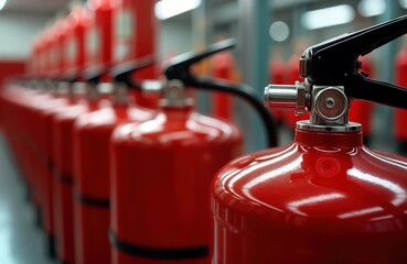 Closeup view of many red fire extinguishers in row. Safety equipment for fire prevention. Industrial storage area. Emergency preparedness, protection. Pro firefighting tools. Maintaining safety