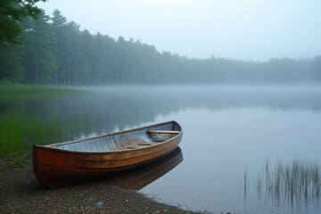 Obraz premium Through the Foggy Lake, a Lone Boat Drifted Aimlessly for a Peaceful and Solitary Scene