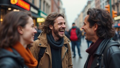 Obraz premium Joyful Conversation in Cityscape