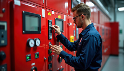 Technician working on fire safety equipment in control room. Adjusting settings on red panel with fire alarm systems, smoke detectors. Professional person in blue uniform checks, adjusts fire safety