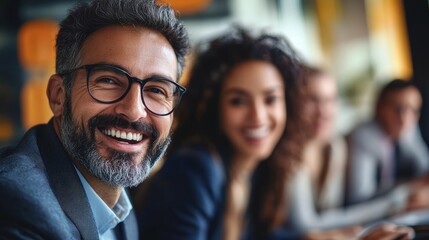 Fototapeta premium Smiling Businessman Leads Diverse Team Collaboration