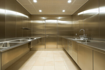 Obraz premium Canteen with Stainless Steel Walls and a Tiled Floor Offering Modern and Functional Design